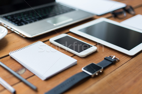 Stock photo: close up of on laptop, tablet pc and smartphone
