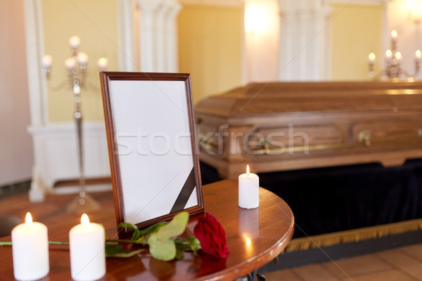 photo frame and coffin at funeral in church Stock photo © dolgachov