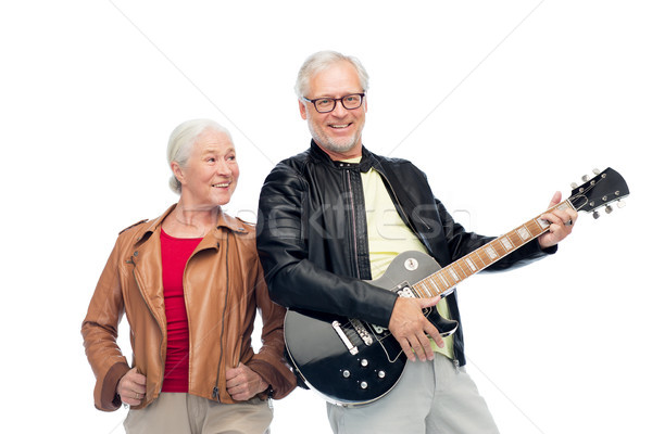 Stock foto: Glücklich · E-Gitarre · Musik · Alter · Menschen