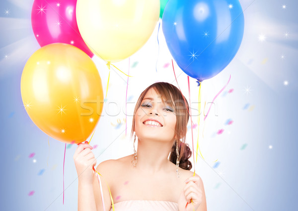 Foto stock: Feliz · balões · quadro · mulher · festa