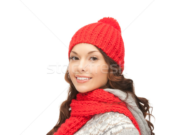 Gyönyörű ázsiai nő kalap ujjatlan kesztyűk tél Stock fotó © dolgachov