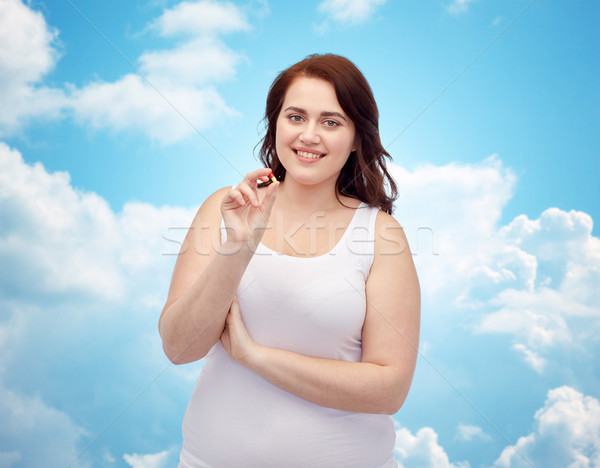 Boldog plus size nő alsónemű tabletta fogyókúra Stock fotó © dolgachov