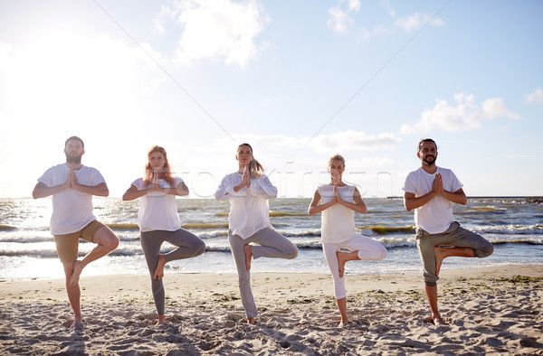 Grupy ludzi jogi drzewo stanowią plaży Zdjęcia stock © dolgachov