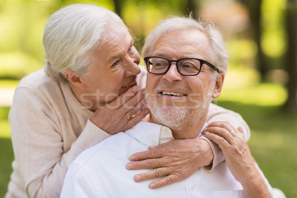 Foto stock: Feliz · casal · de · idosos · sessão · banco · parque