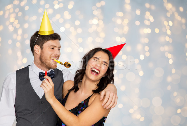 Foto stock: Feliz · casal · festa · aniversário · celebração