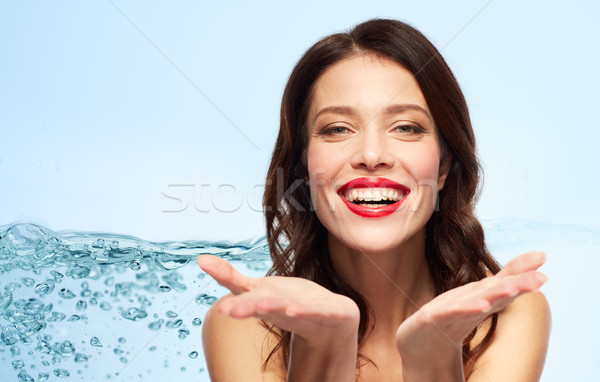 Gyönyörű mosolyog fiatal nő vörös rúzs szépség smink Stock fotó © dolgachov