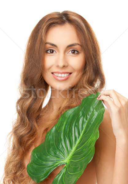 Nő zöld levél kép fehér boldog egészség Stock fotó © dolgachov