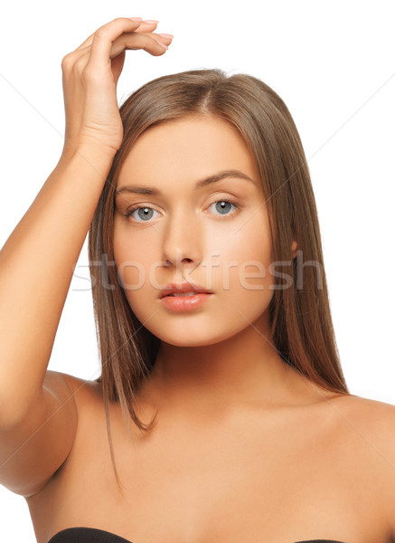 Bezorgd vrouw lang haar gezicht handen huid Stockfoto © dolgachov