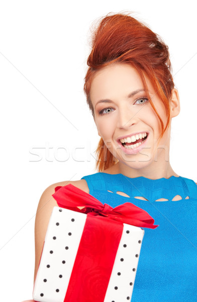 Foto stock: Menina · feliz · caixa · de · presente · branco · mulher · feliz · aniversário