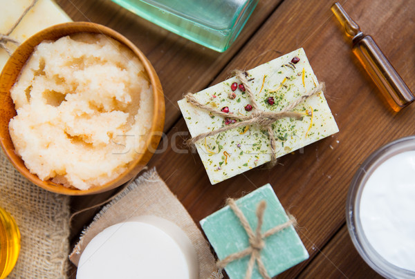 close up of body care cosmetic products on wood Stock photo © dolgachov