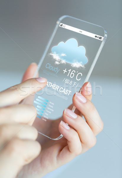 close up of hands with weather cast on smartphone Stock photo © dolgachov