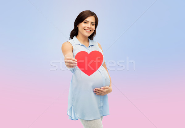 Foto stock: Feliz · mujer · embarazada · rojo · corazón · tocar · vientre