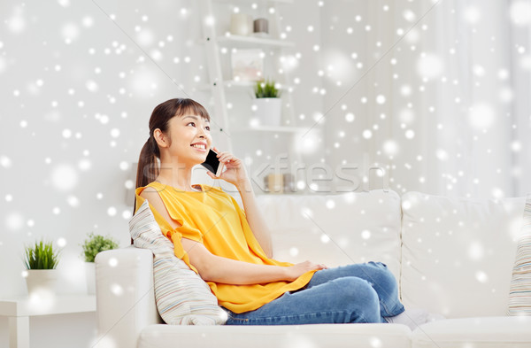 Stockfoto: Gelukkig · asian · vrouw · roepen · smartphone · home