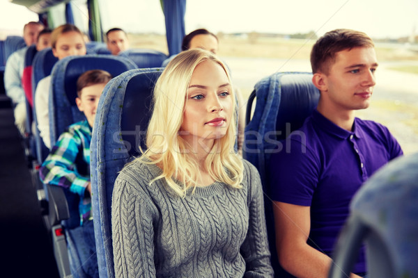 Stock foto: Glücklich · Paar · Passagiere · Reise · Bus · Transport