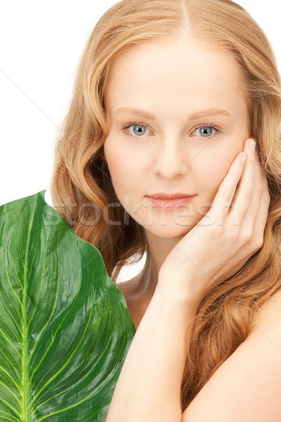 Foto stock: Mujer · hoja · verde · Foto · blanco · salud · verde
