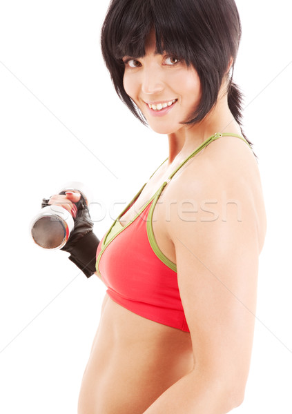 Muscular fitness instructor gantere alb fericit Imagine de stoc © dolgachov