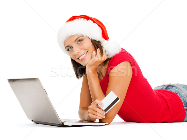 женщину Hat ноутбука кредитных карт Рождества Сток-фото © dolgachov