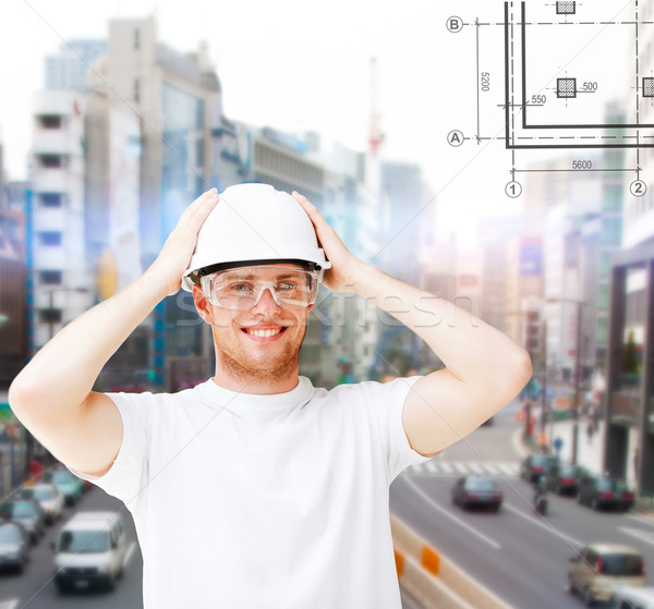 Foto stock: Masculina · arquitecto · casco · gafas · de · seguridad · edificio · desarrollo