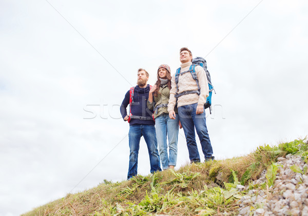 Grup zâmbitor prietenii Drumeţii aventură călători Imagine de stoc © dolgachov