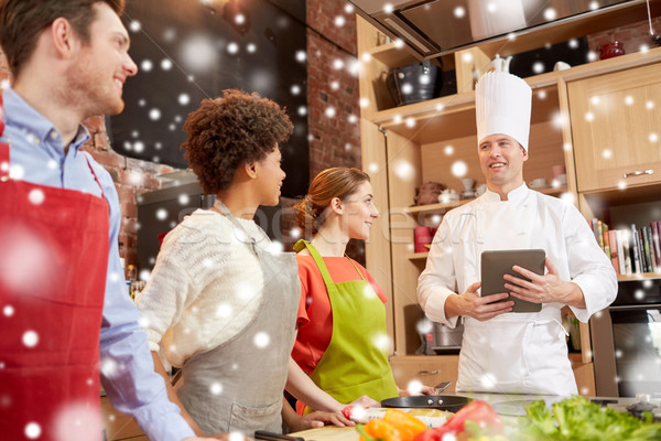 happy friends with tablet pc in kitchen Stock photo © dolgachov