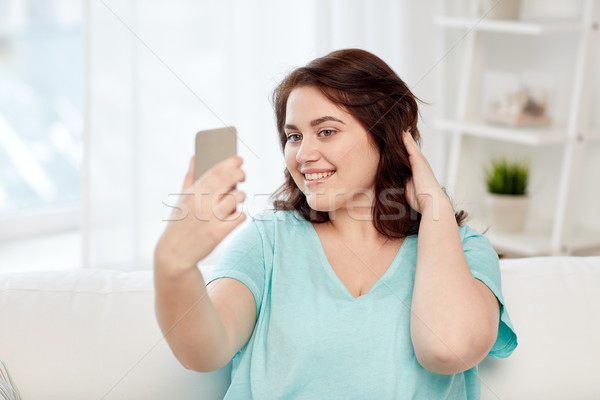 Foto stock: Feliz · plus · size · mulher · casa · pessoas