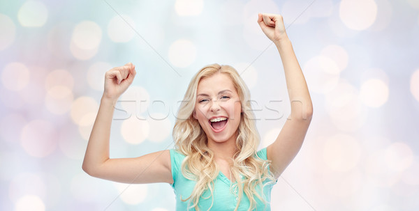 Stockfoto: Gelukkig · jonge · vrouw · tienermeisje · vieren · overwinning · emoties