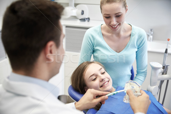 Stockfoto: Gelukkig · tandarts · tonen · tandenborstel · patiënt · meisje