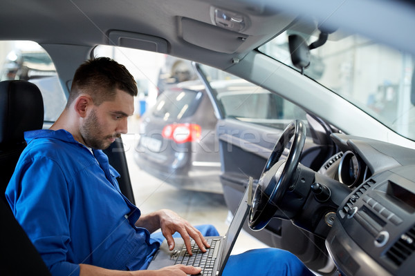 Mechanik człowiek laptop samochodu diagnostyczny Zdjęcia stock © dolgachov