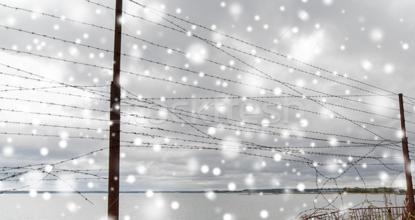 broken barb wire fence over gray sky and sea Stock photo © dolgachov