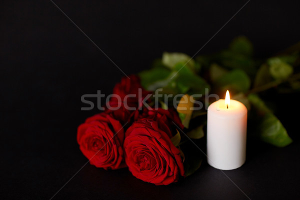 red roses and burning candle over black background Stock photo © dolgachov