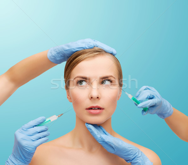 Stockfoto: Vrouw · gezicht · handen · spuit · gezondheidszorg · schoonheid · geneeskunde