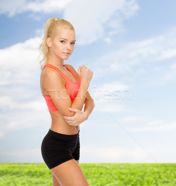 Stockfoto: Vrouw · pijn · elleboog · gezondheidszorg · fitness