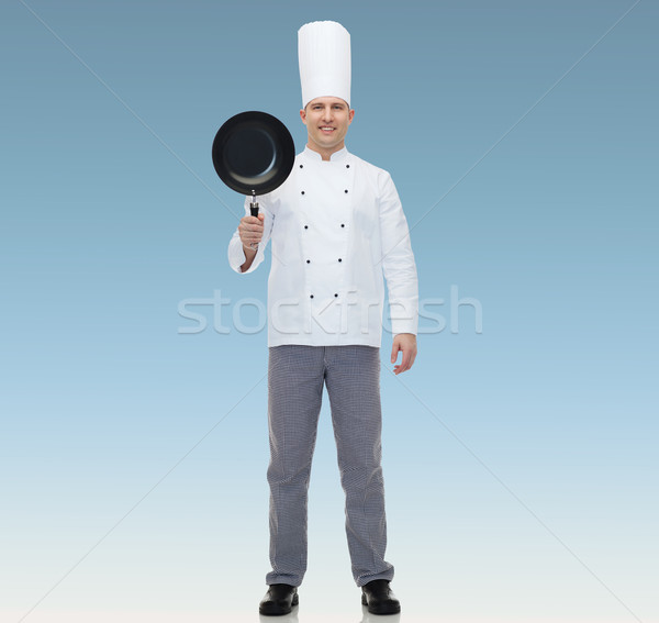 Glücklich männlich Küchenchef Koch halten Pfanne Stock foto © dolgachov