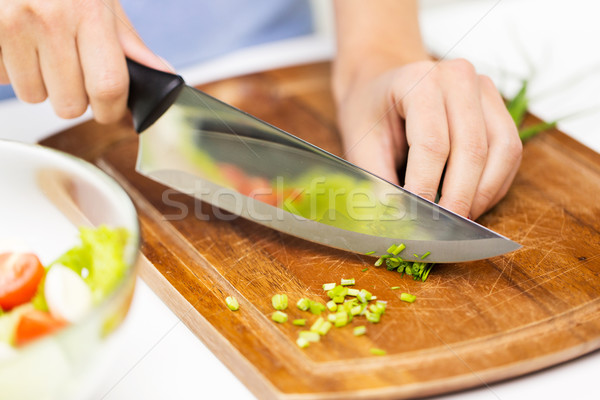 close up of woman chopping green onion with knife Stock photo © dolgachov