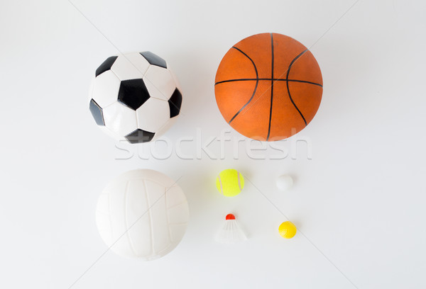 close up of different sports balls and shuttlecock Stock photo © dolgachov