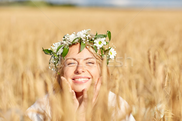 Foto stock: Feliz · mujer · corona · flores · cereales · campo