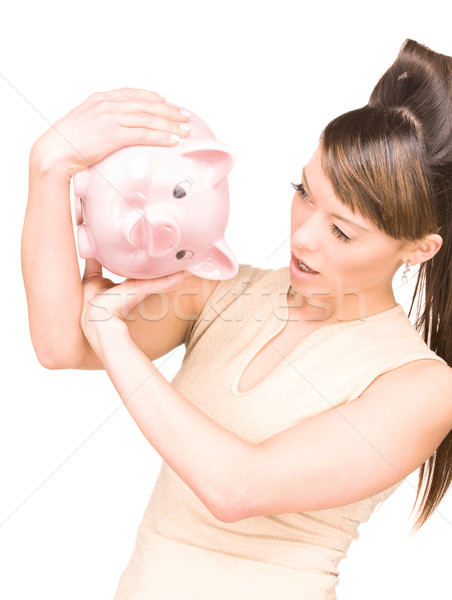 Kobieta banku piggy zdjęcie portret finansów różowy Zdjęcia stock © dolgachov