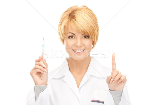 Foto stock: Mulher · atraente · médico · termômetro · quadro · mulher · feliz