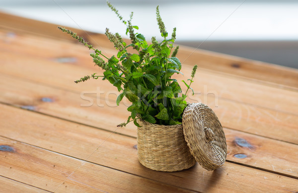 close up of melissa in basket on wooden table Stock photo © dolgachov