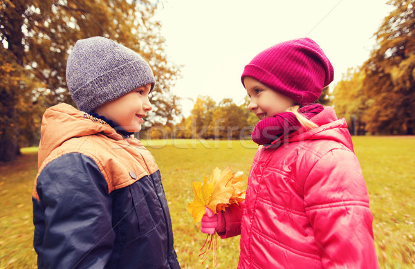 [[stock_photo]]: Peu · garçon · automne · érable · laisse · fille