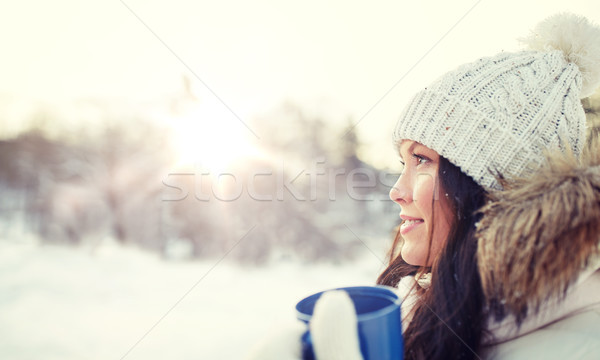 Boldog fiatal nő teáscsésze kint tél emberek Stock fotó © dolgachov
