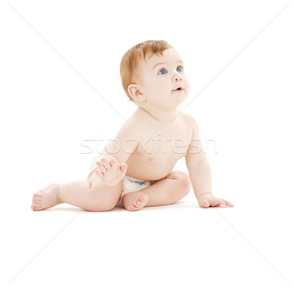 Foto stock: Bebê · menino · fralda · quadro · branco · criança