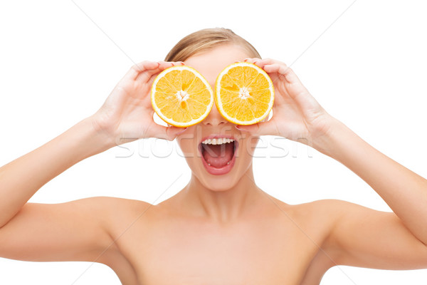 amazed young woman with orange slices Stock photo © dolgachov