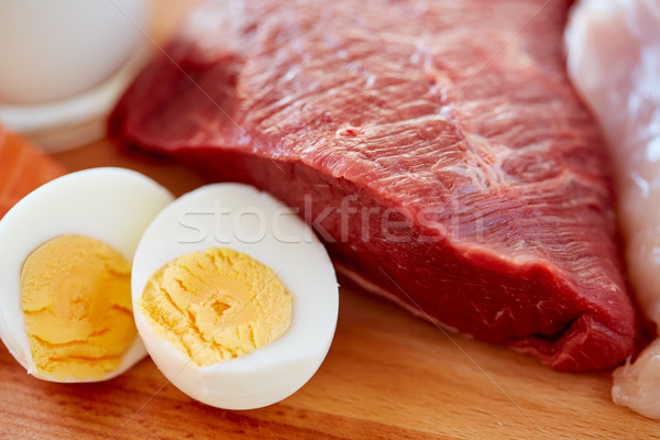 close up of red meat fillets and boiled eggs Stock photo © dolgachov
