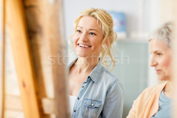 artists discussing painting on easel at art school Stock photo © dolgachov