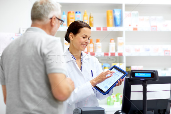 apothecary and customer with tablet pc at pharmacy Stock photo © dolgachov