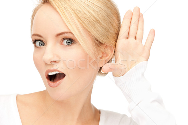 Boldog nő hallgat pletyka fényes kép Stock fotó © dolgachov