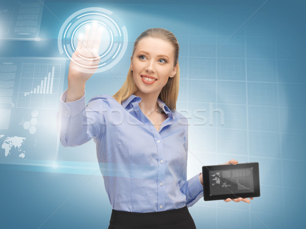 Stock photo: woman working with virtual tablet pc