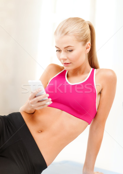 Foto stock: Sorrindo · sessão · piso · fitness · tecnologia