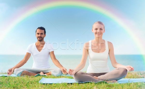 smiling couple making yoga exercises outdoors Stock photo © dolgachov